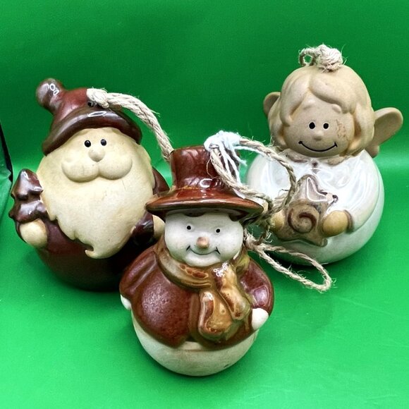 Lot 3 Vintage Primitive Ceramic Christmas Ornaments Santa Snowman Angel Folk Art - Picture 1 of 12